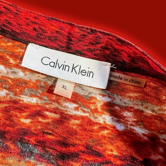 Calvin Klein Women’s ‘Roll Sleeve Printed Everyday Blouse’ in Red Abstract Multi - Picture 3 of 12